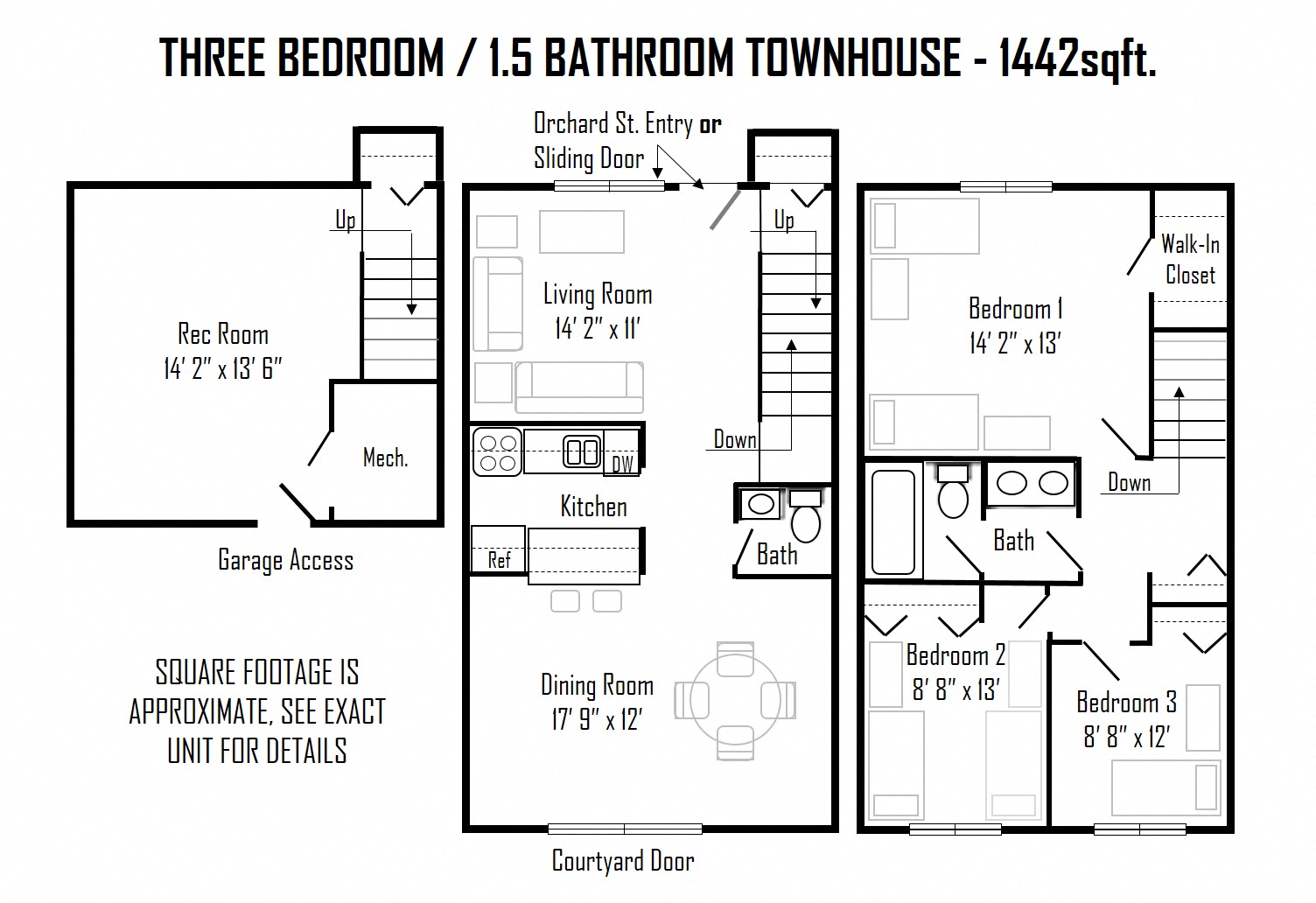 Floor plan for 3 beds, 1.5 baths, 1442 sqft
